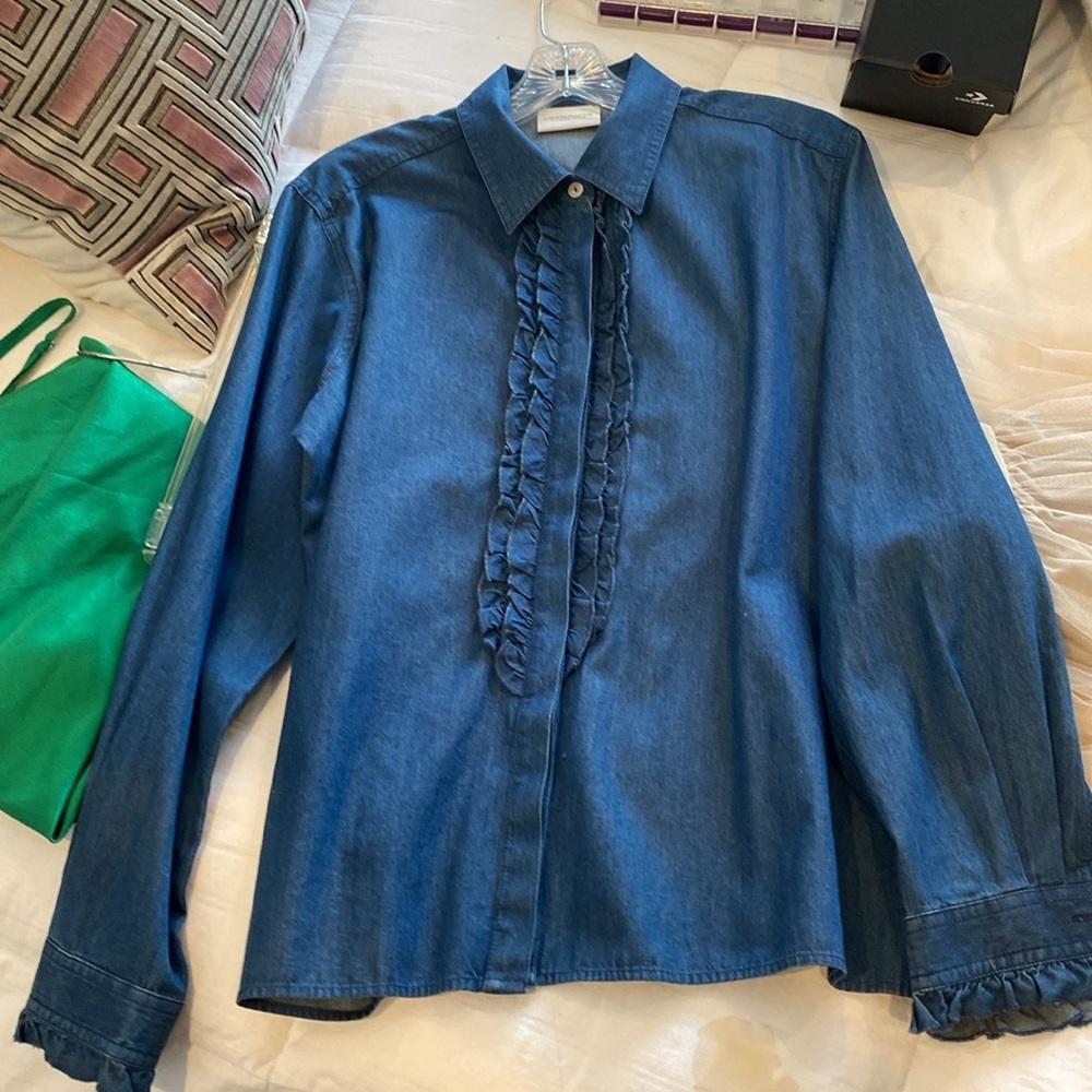 Liz Claiborne Womens Ruffled Button Down Denim Shirt - XL